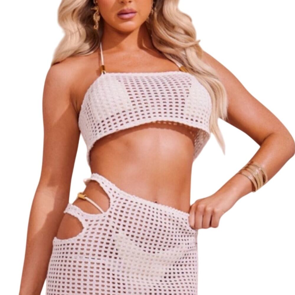 PrettyLittleThing NWT Cream Crochet Cut Out Bandeau Beach Cover-Up Top US 10